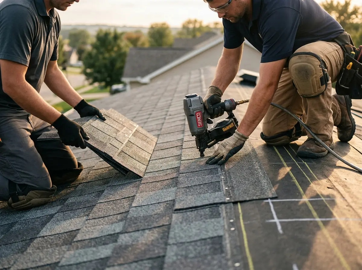 Professional roofer working on a residential roof in Mandeville